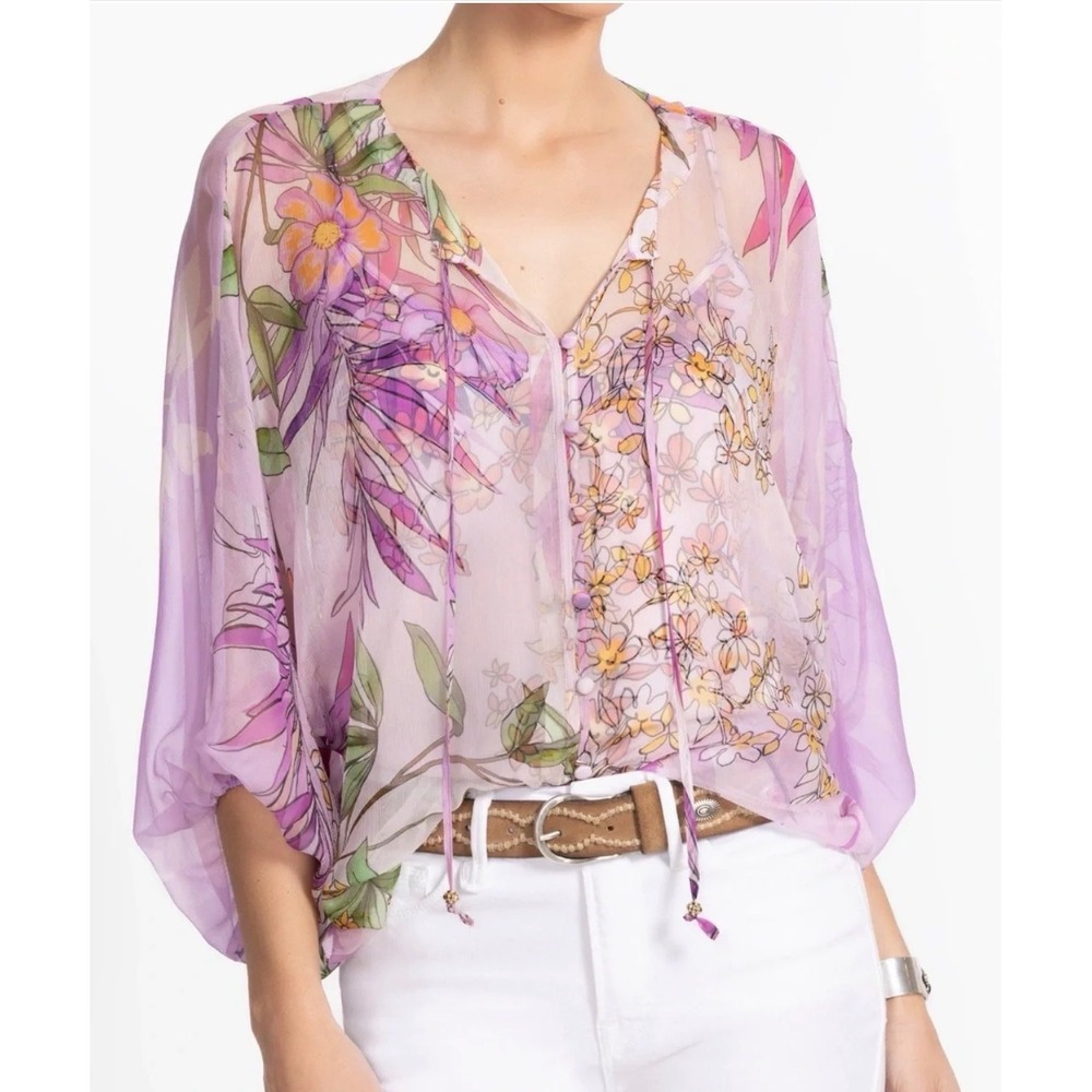 Johnny Was Harlyn Button Front Silk Dallia Blouse Floral Botanical Size Medium
